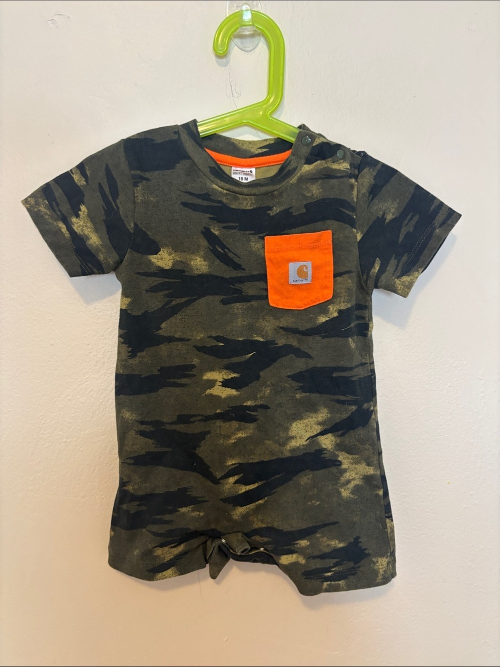Carhartt Kids Olive Green Camo Short Sleeve Tee with Orange Pocket